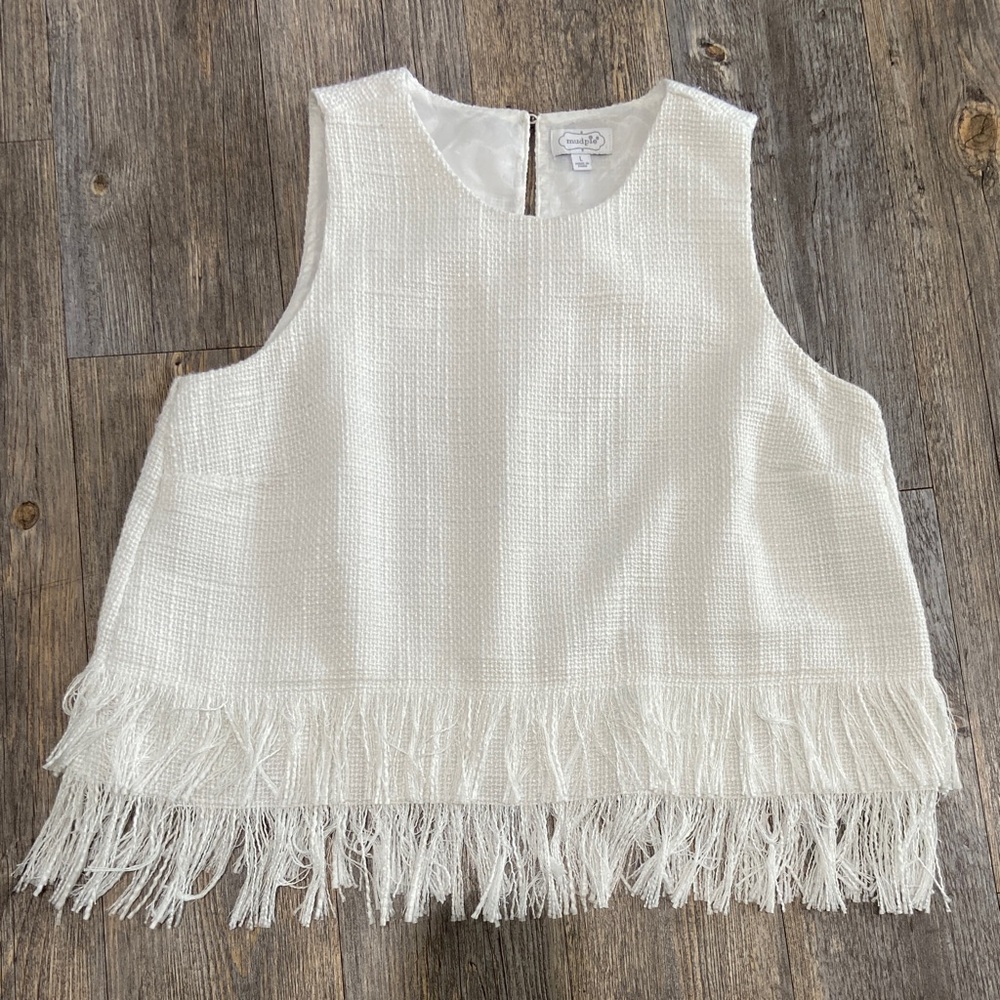 Preppy Clueless Tweed Style Layered Fringe Top Vacation Brunch Large White